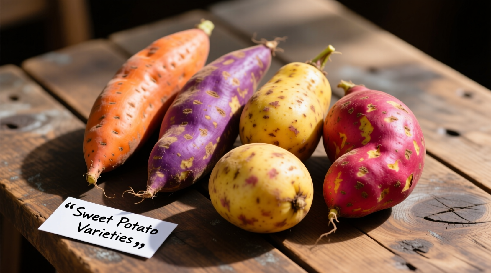 Colorful sweet potato varieties on wooden table
