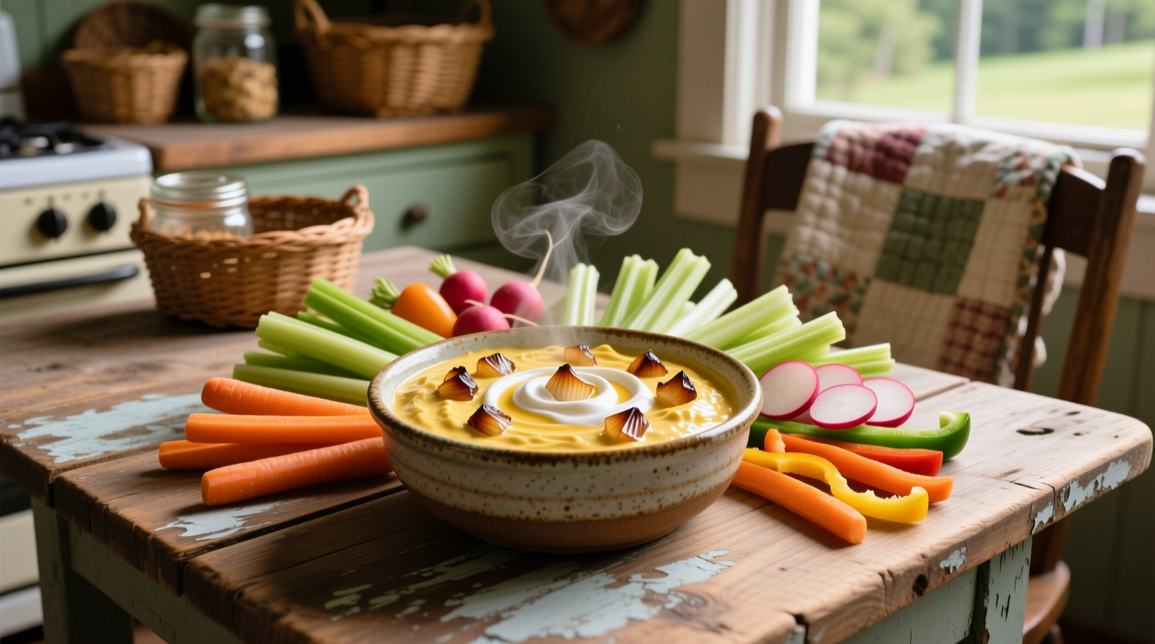 Vermont onion dip in ceramic bowl with vegetable dippers