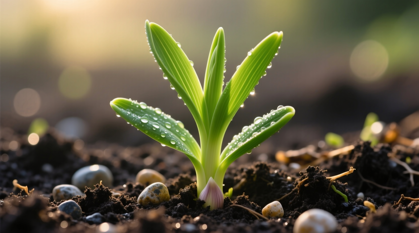 Garlic plant showing 6 green leaves emerging from soil