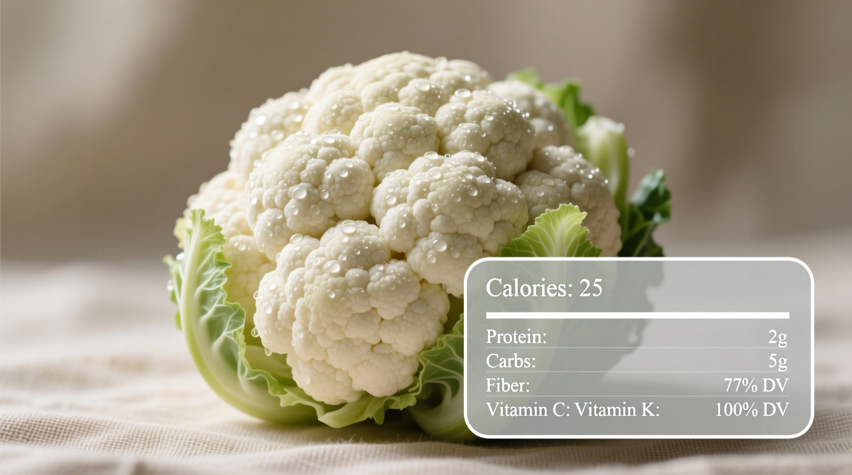 Cauliflower head with nutritional facts overlay