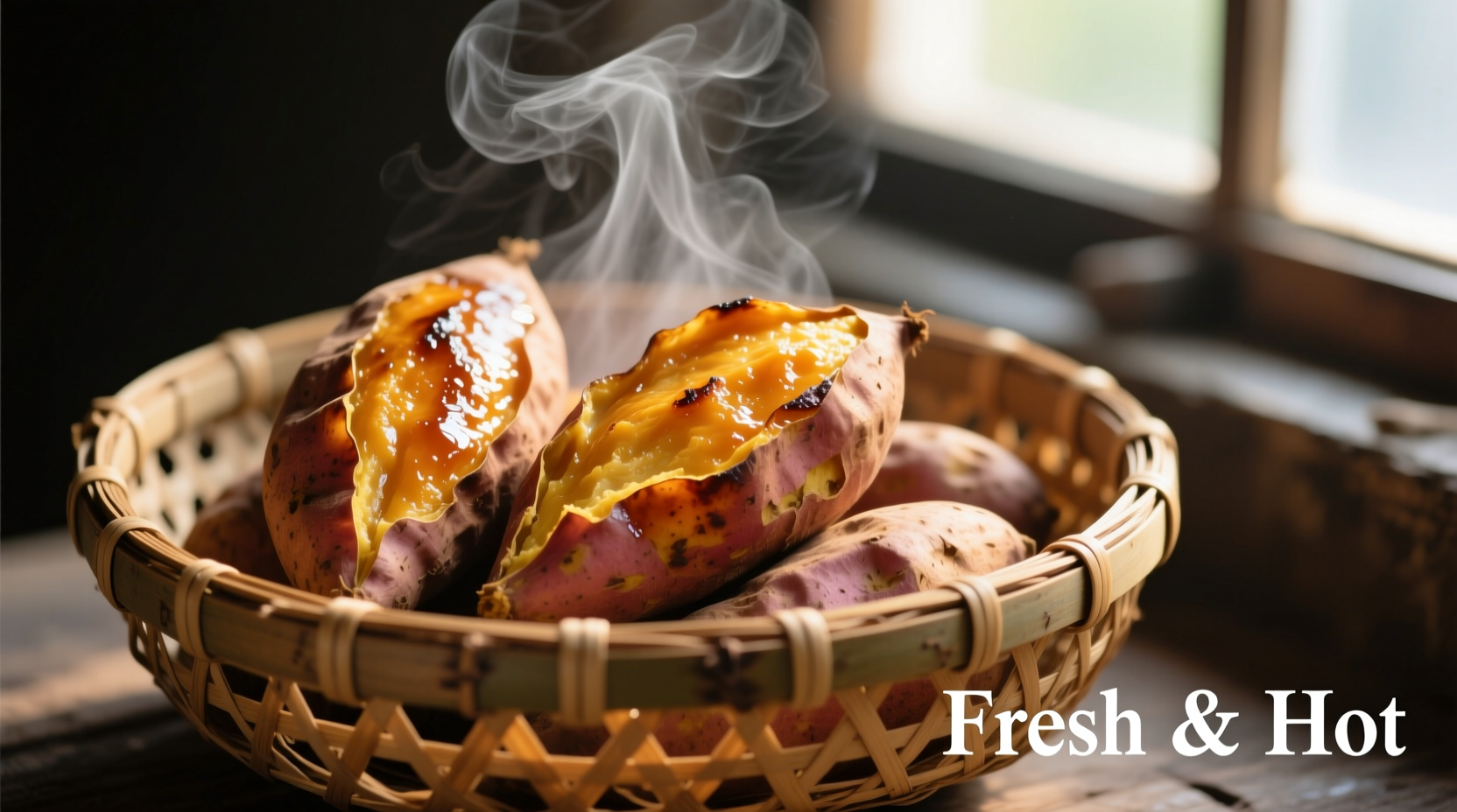 Steaming sweet potatoes in bamboo basket