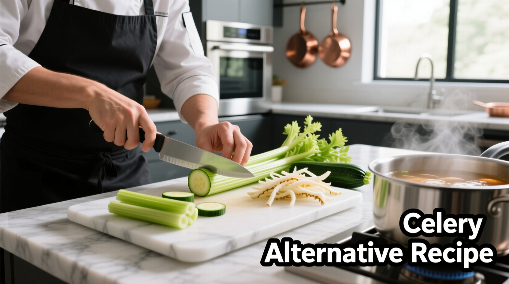 Chef preparing vegetable substitutes for celery in kitchen