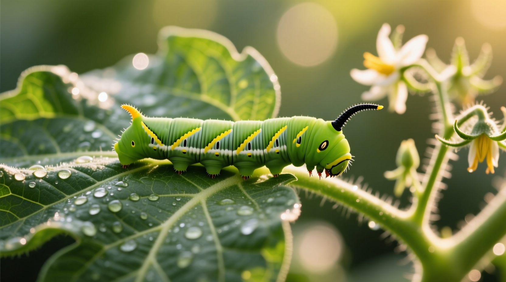 Green tomato hornworm caterpillar on tomato plant leaf