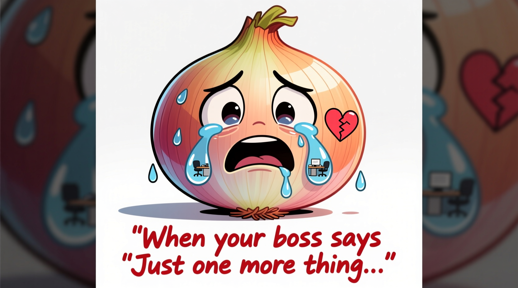 Crying onion meme with exaggerated tears and relatable caption