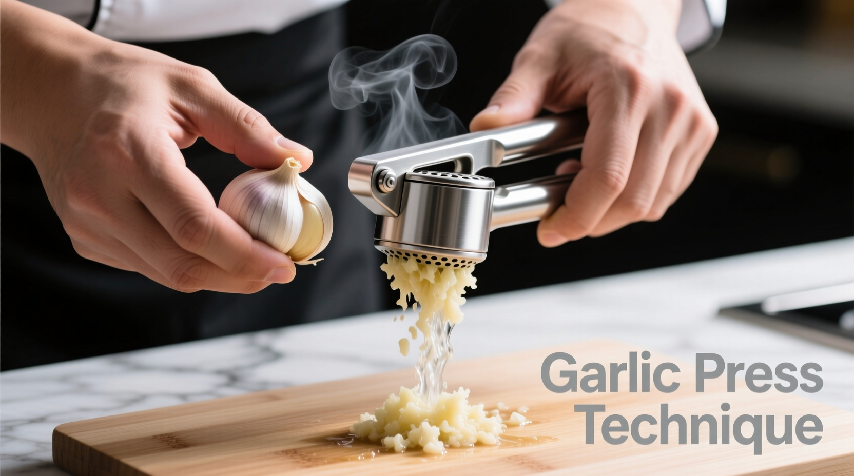 Chef's hand demonstrating garlic crushing technique with press