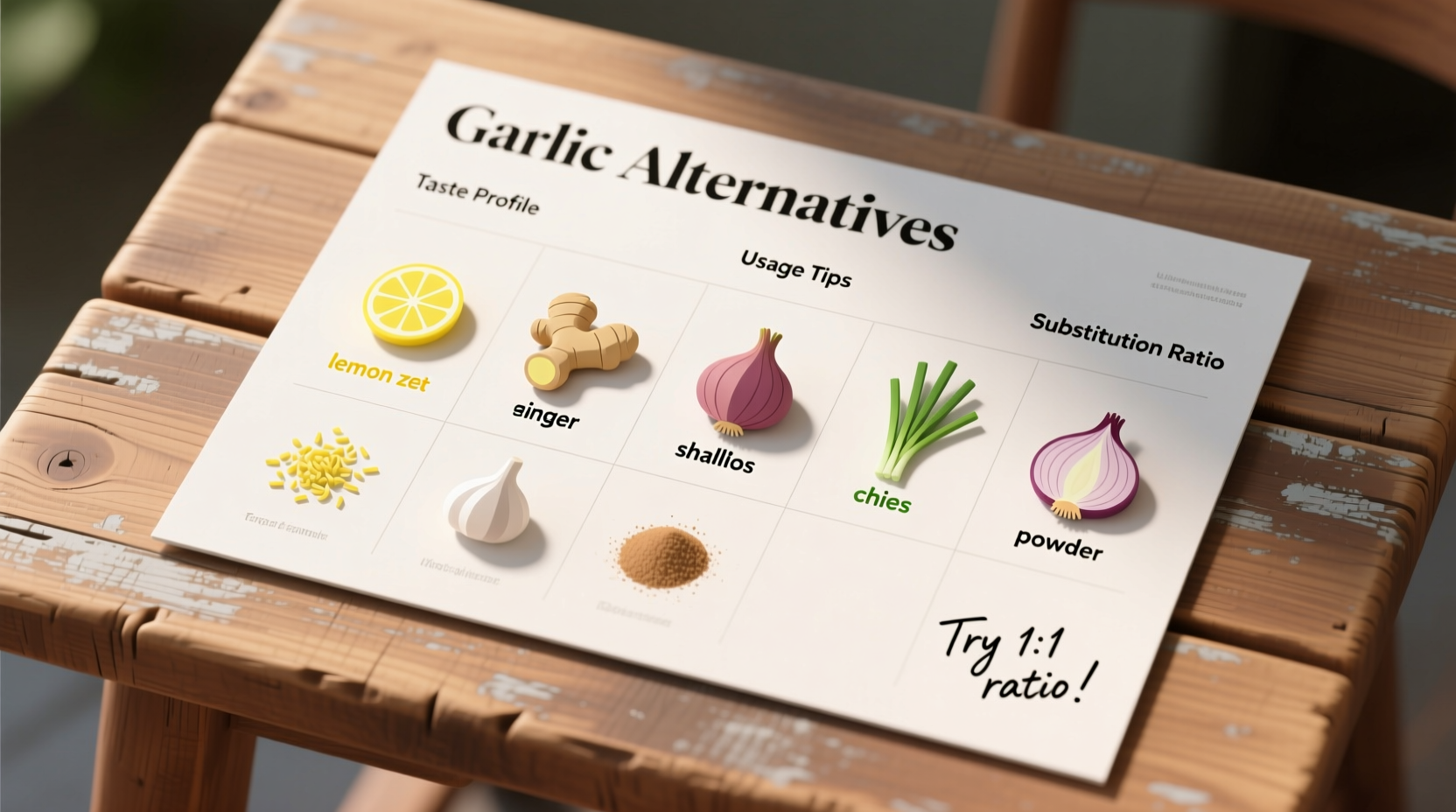 Garlic alternatives comparison chart on wooden table