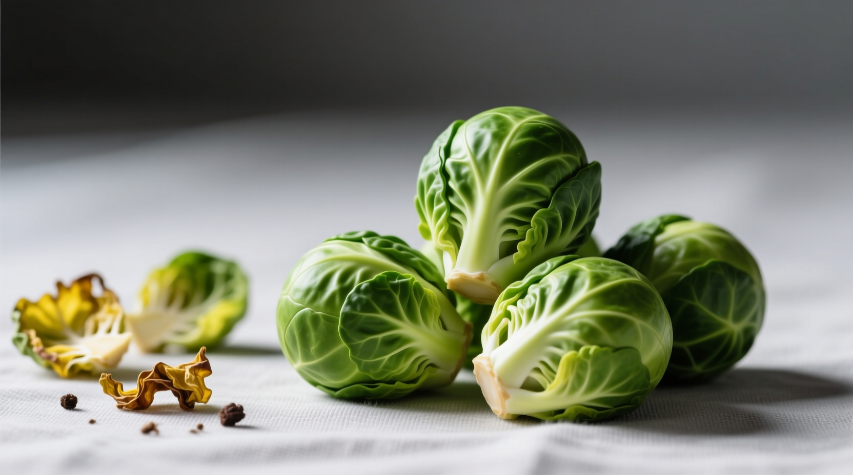Close-up of firm, bright green Brussels sprouts beside wilted yellow specimens showing proper selection criteria