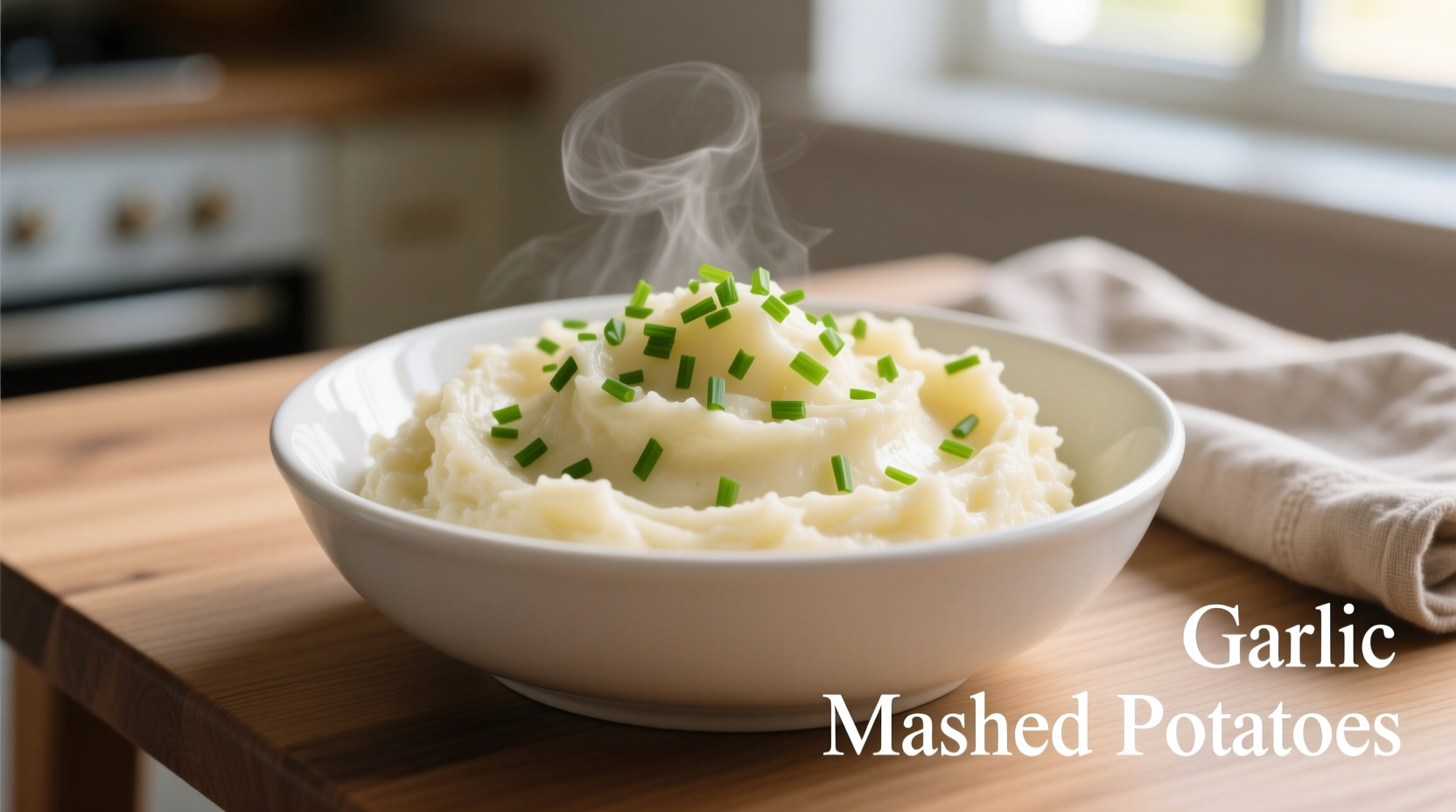 Creamy garlic mashed potatoes in white bowl with chive garnish