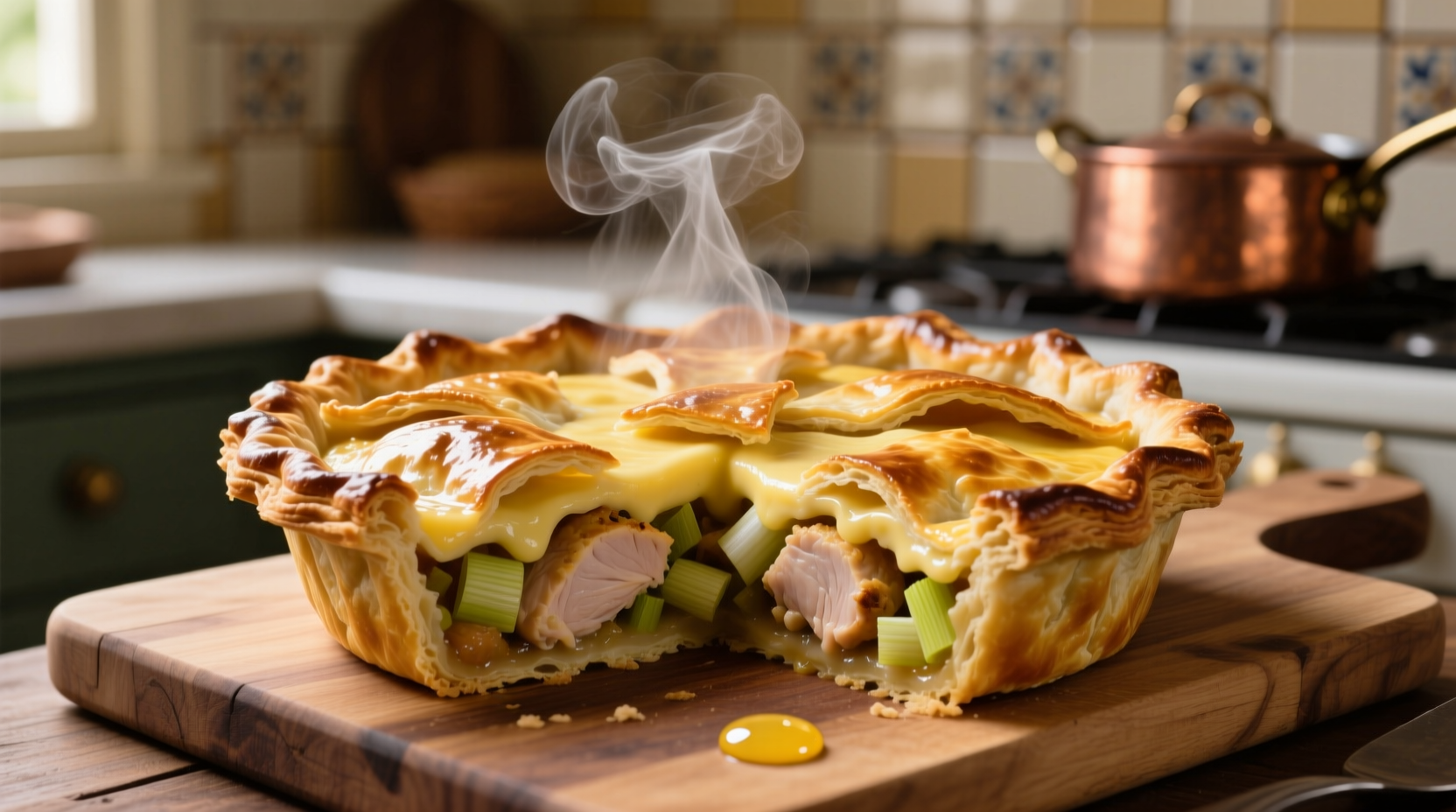 Golden chicken leek pie with flaky crust and steam rising