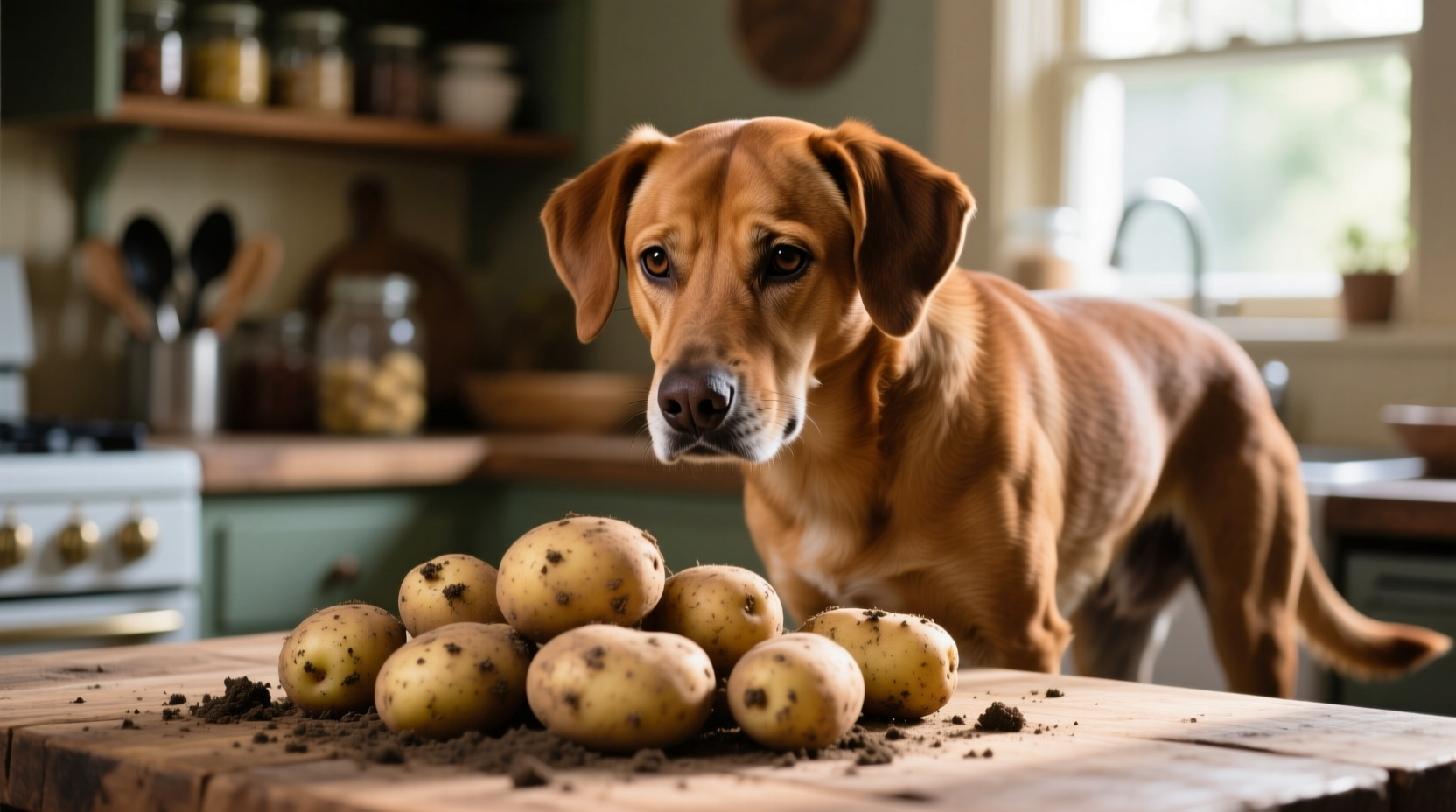 Dog looking concerned near raw potatoes