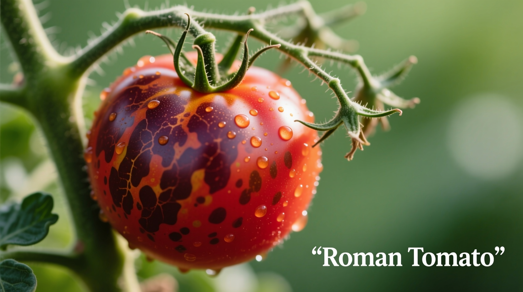 Speckled Roman tomato on vine showing distinctive speckled pattern