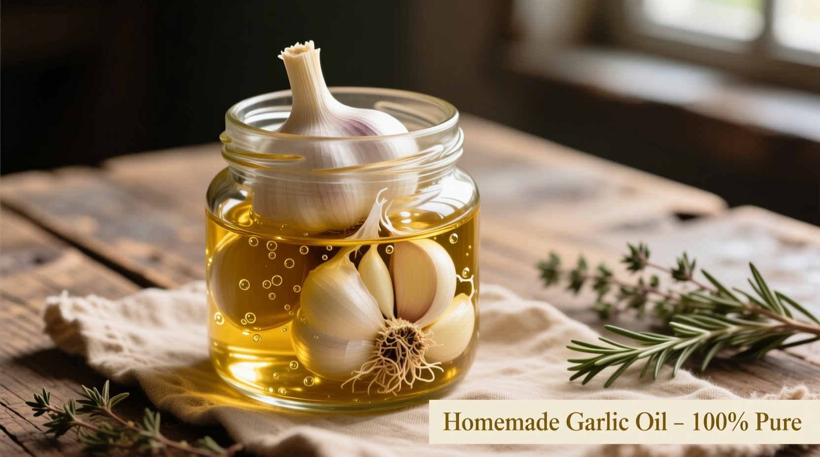Fresh garlic cloves and homemade garlic oil in glass container