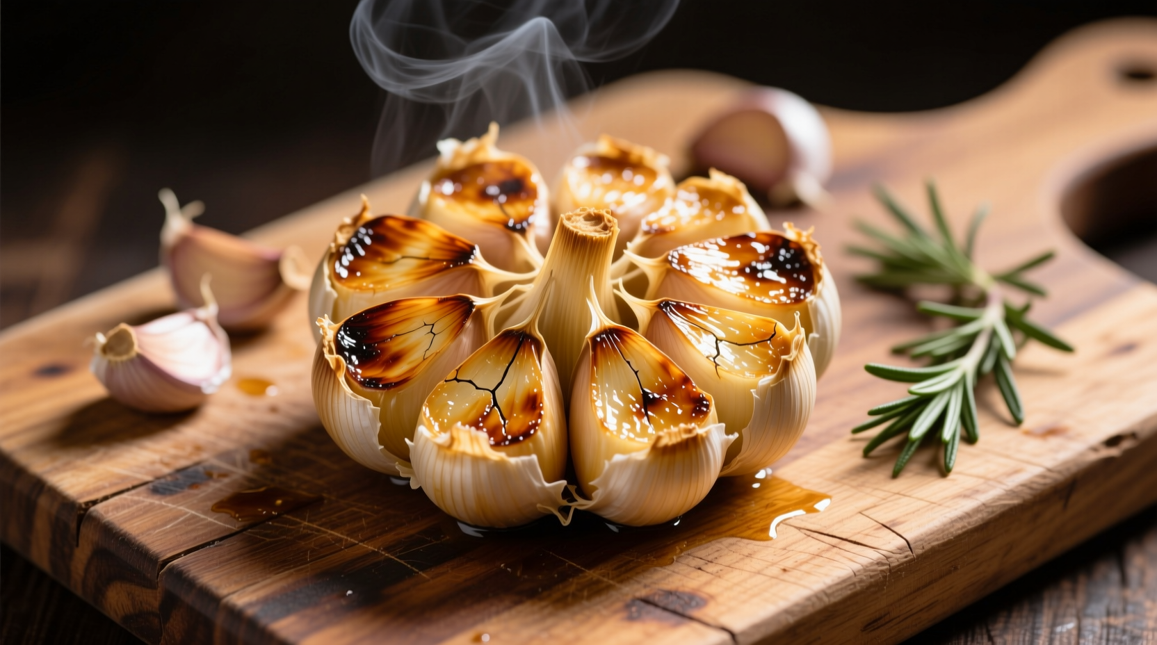 Golden baked garlic cloves on wooden cutting board