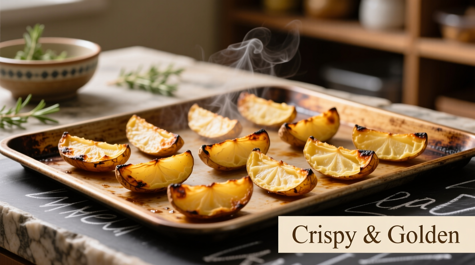 Golden baked potato slices arranged on baking sheet