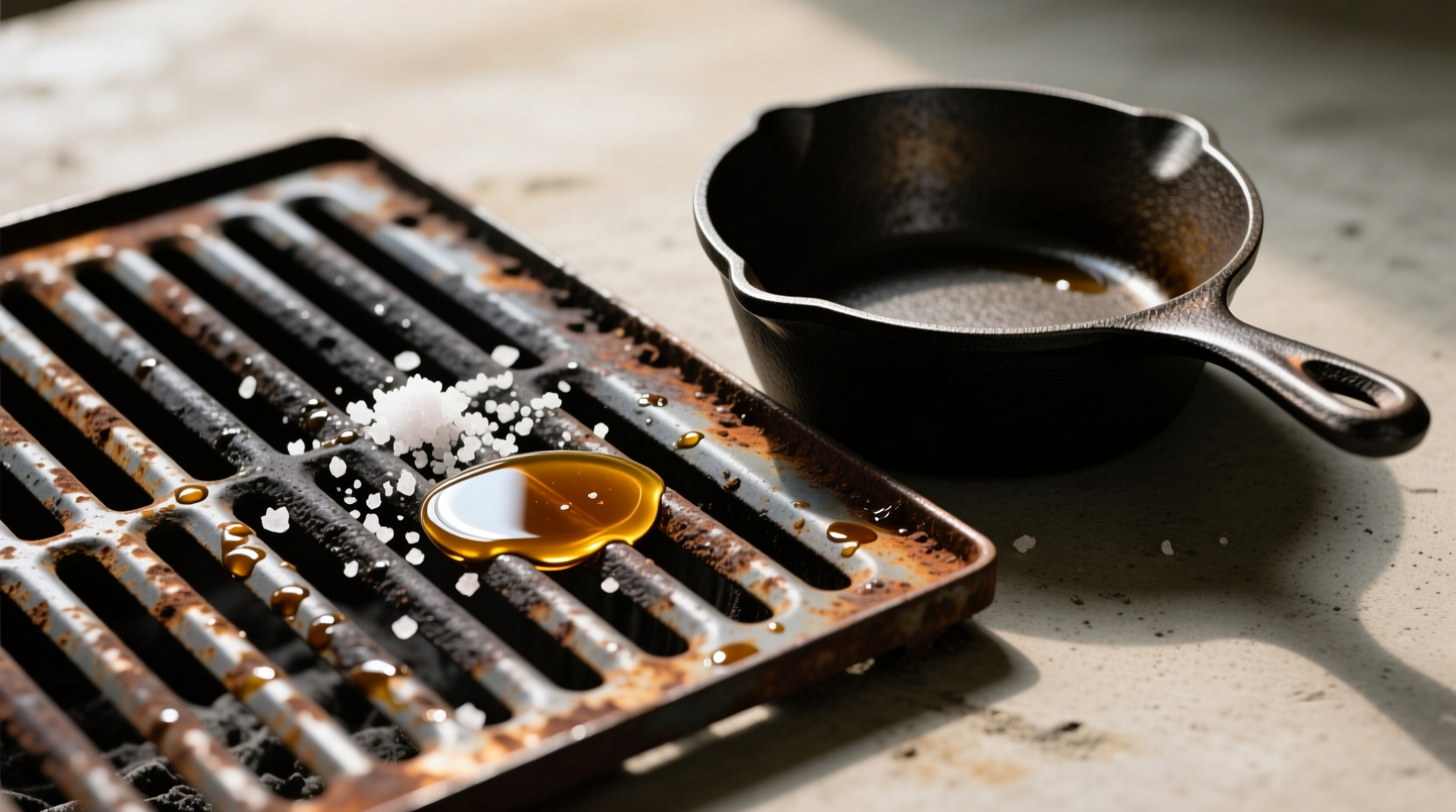 clean rusty grill grates with some oil salt and a pot