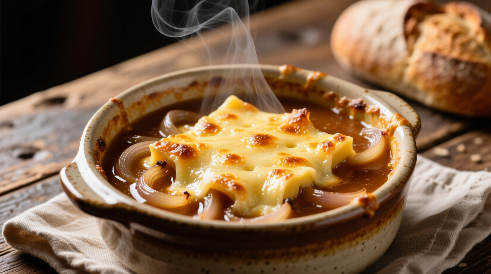 Golden French onion soup with melted cheese topping