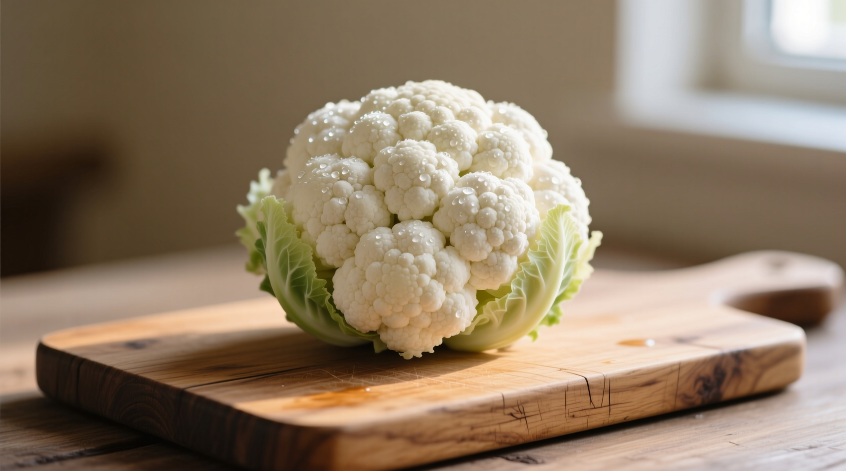 Fresh cauliflower head on wooden cutting board