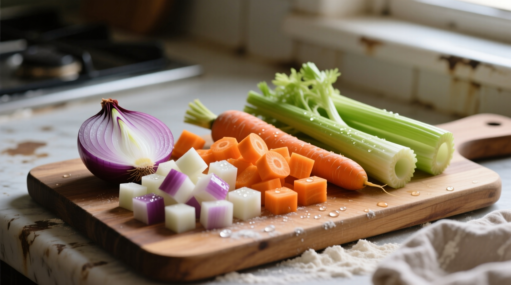 Freshly diced mirepoix vegetables in proper 2:1:1 ratio