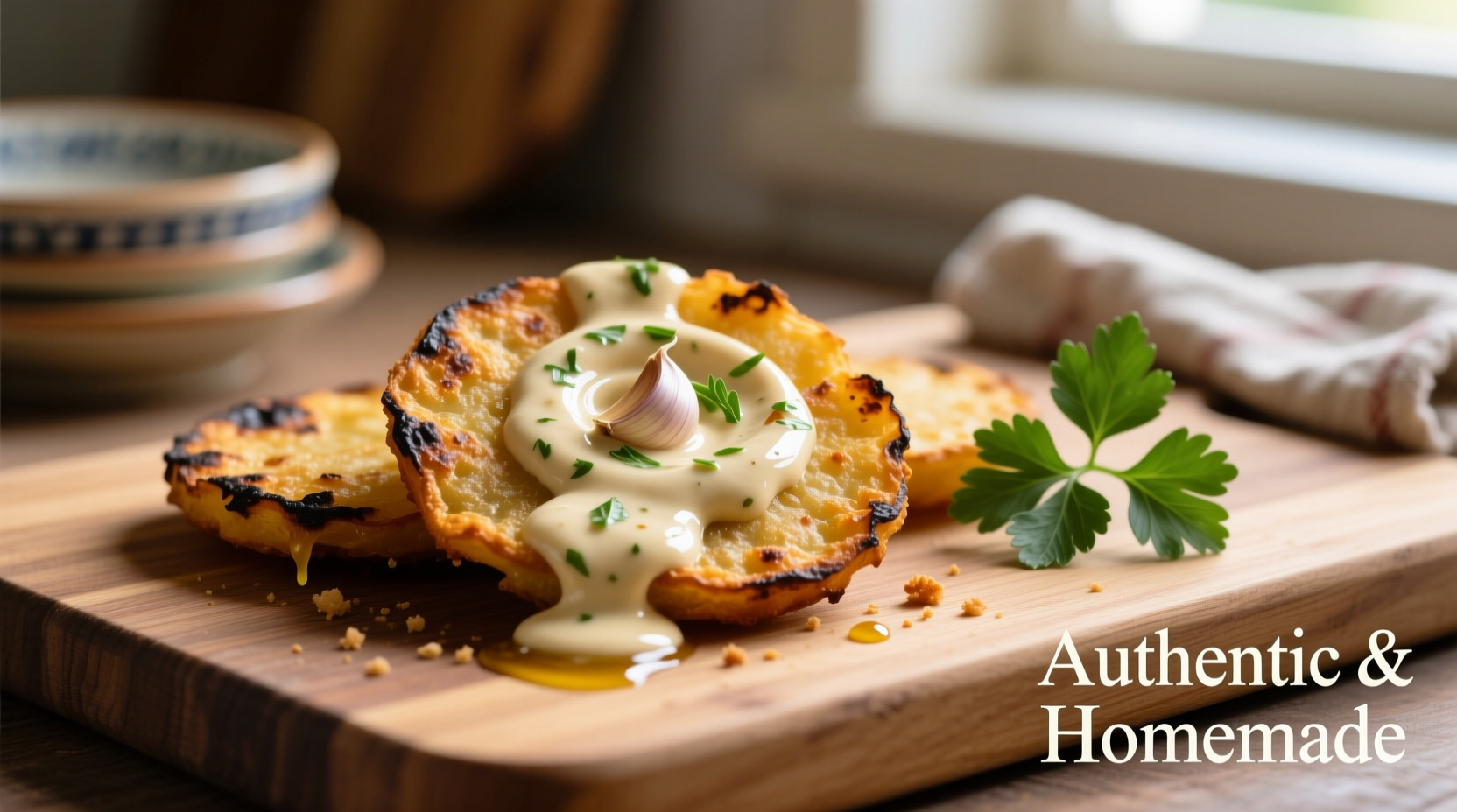 Homemade garlic sauce drizzled over crispy tostones