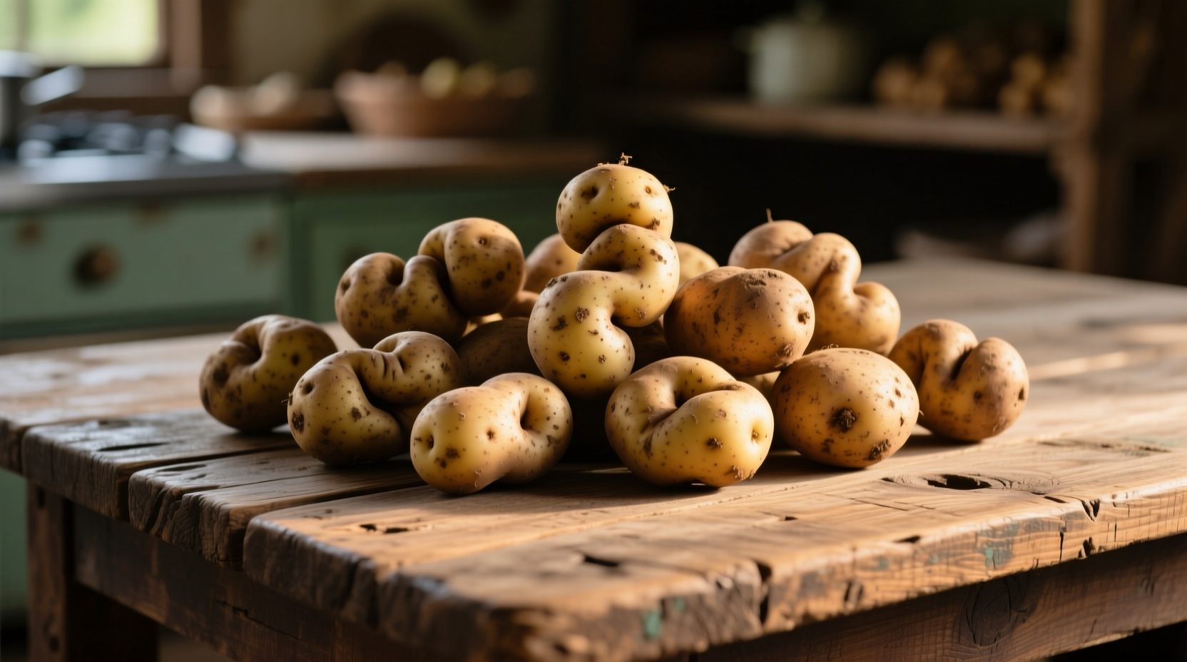 Misshapen potatoes arranged on wooden table