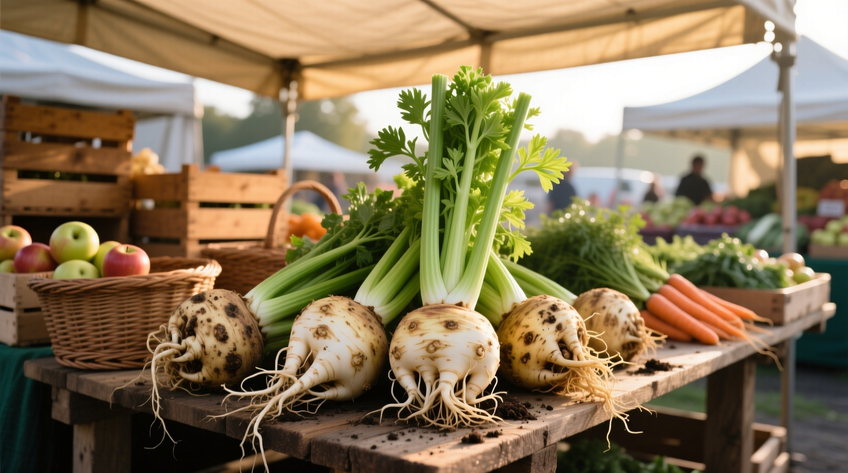 Fresh celery root selection at farmers market