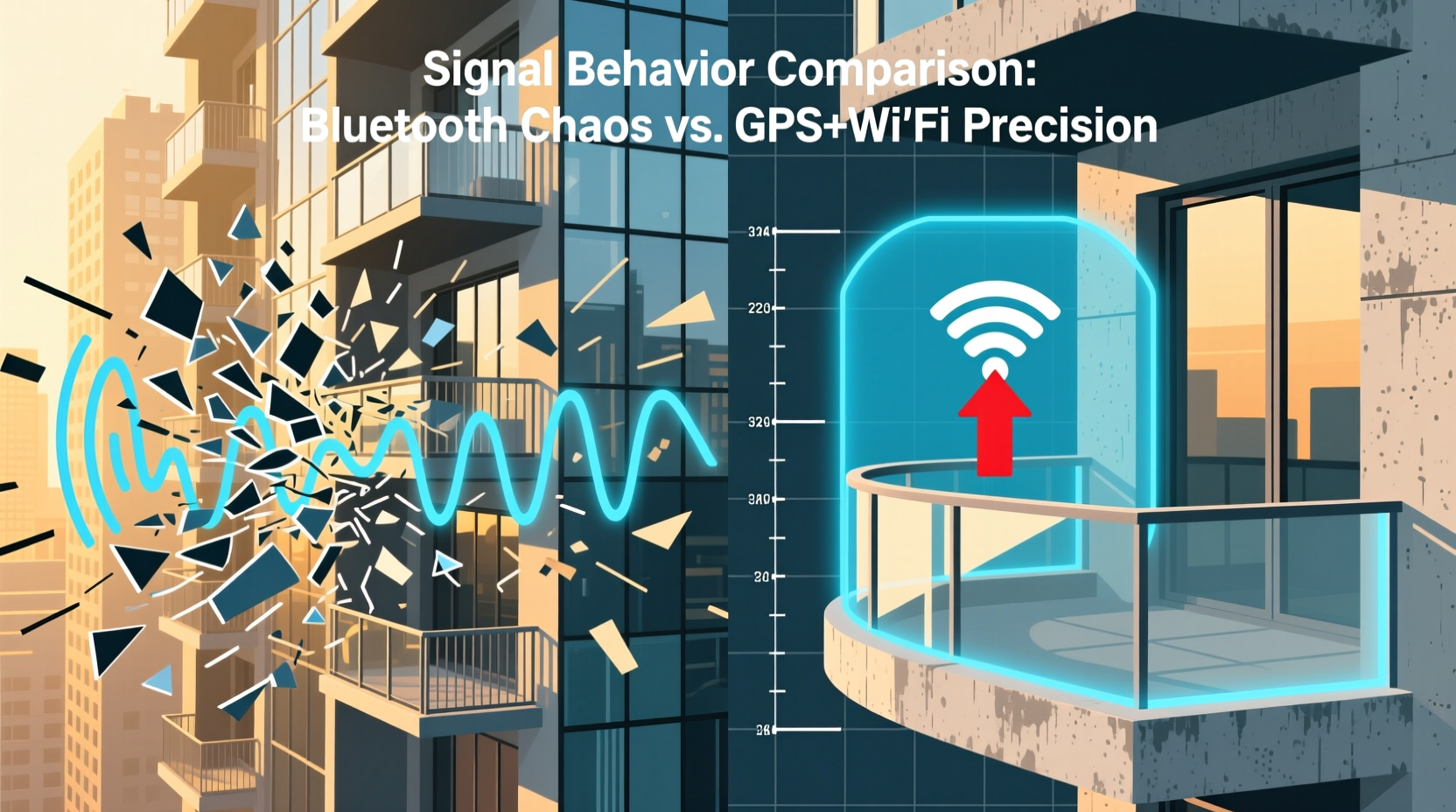 Side-by-side illustration showing a Bluetooth signal scattering chaotically off glass-and-steel apartment balconies versus a focused GPS+Wi-Fi geofence precisely outlining a curved concrete balcony edge with an upward arrow indicating altitude-aware fall detection