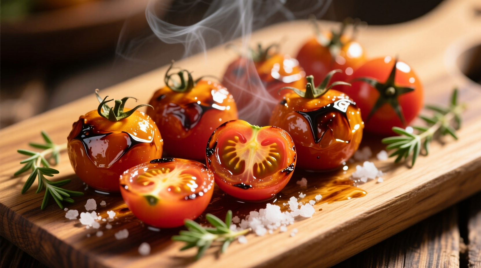 Golden roasted cherry tomatoes on wooden board