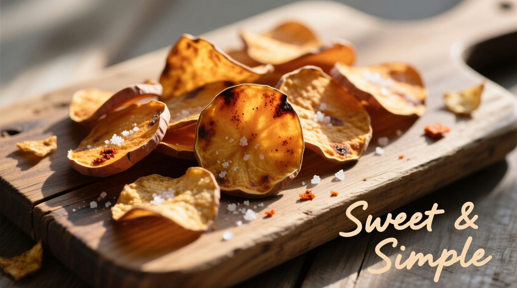 Homemade baked sweet potato chips served on wooden board