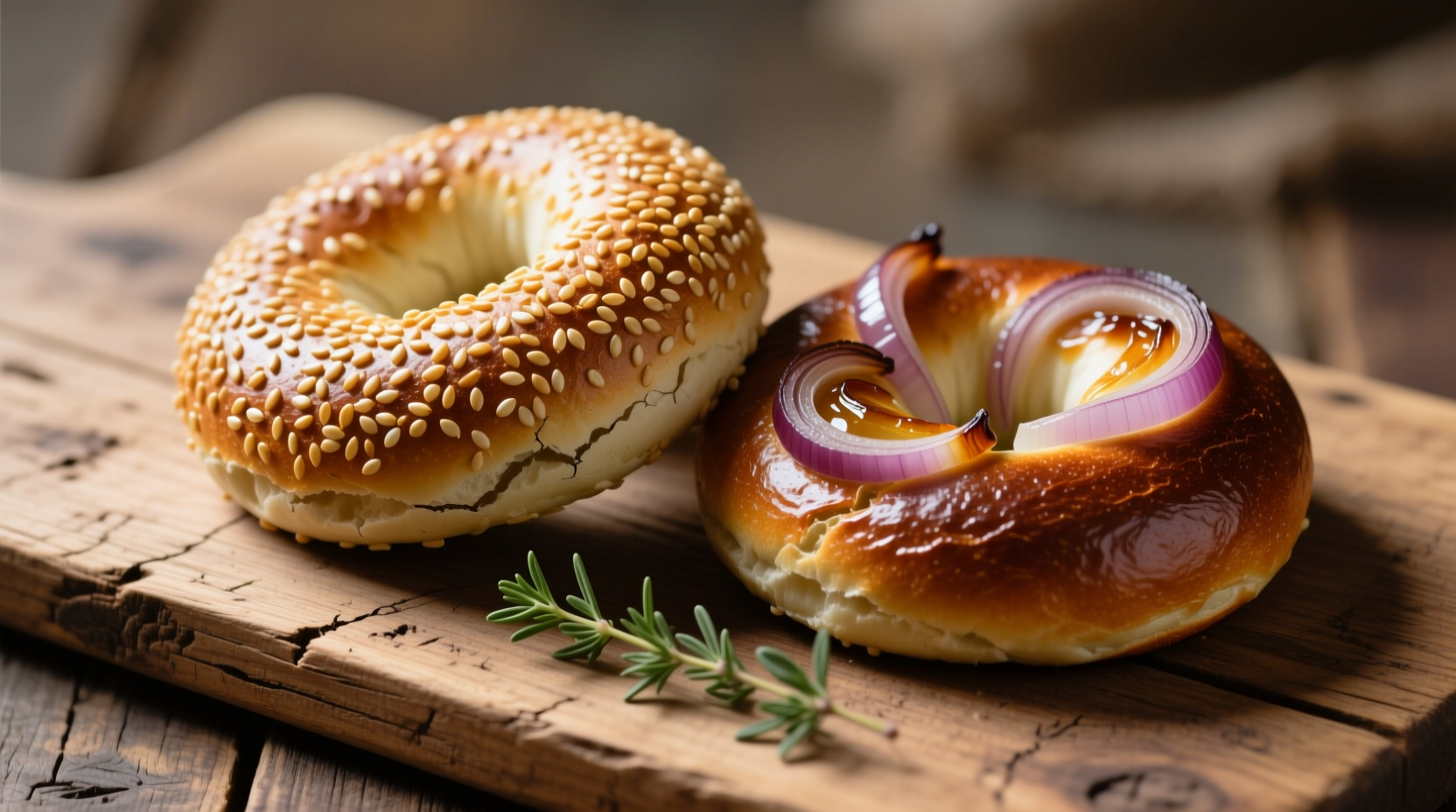 Sesame and onion bagels side by side on wooden board
