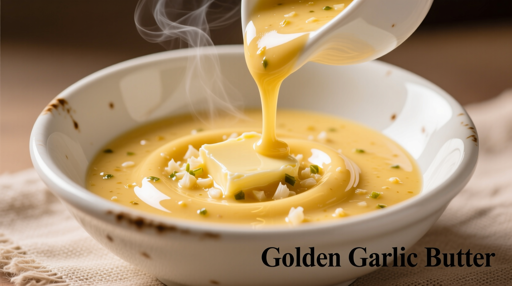 Perfect golden garlic butter sauce in white ceramic bowl