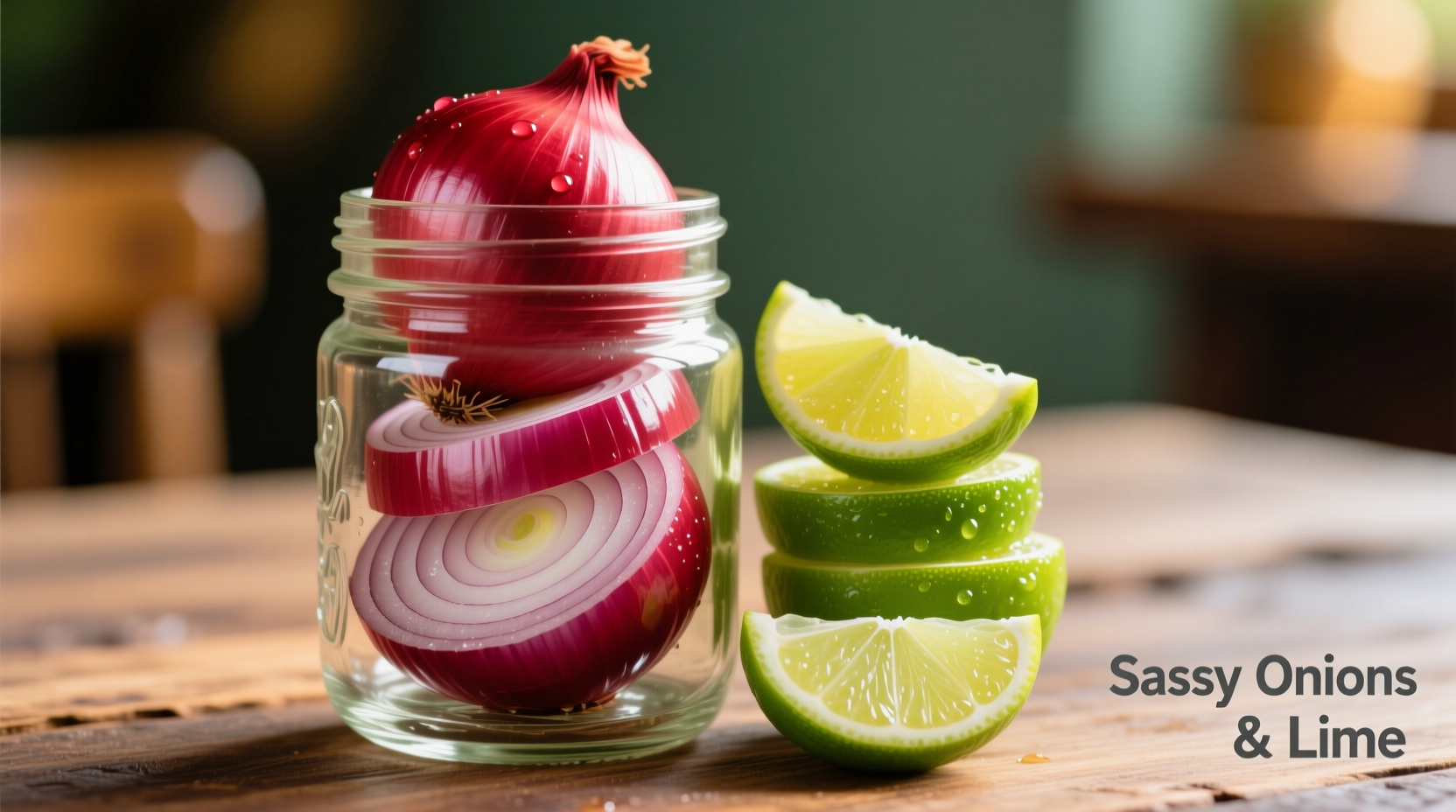 Vibrant red sassy onions in glass jar with lime wedges