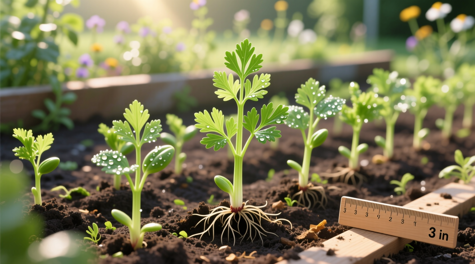 Celery seedlings in garden bed with proper spacing