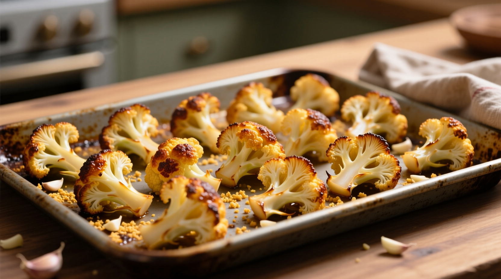 Perfectly golden roasted cauliflower florets on baking sheet