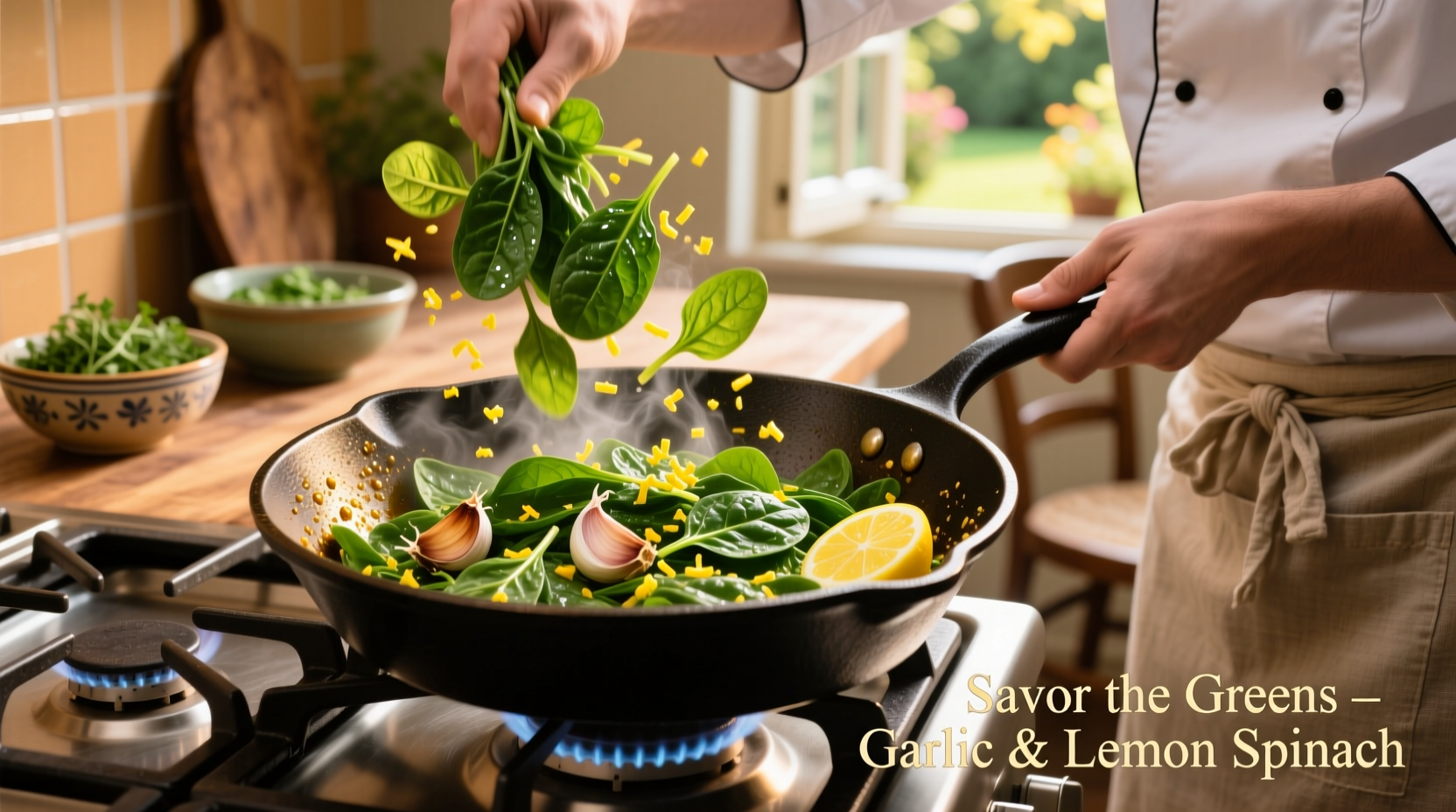 Chef preparing flavorful spinach dish with garlic and lemon