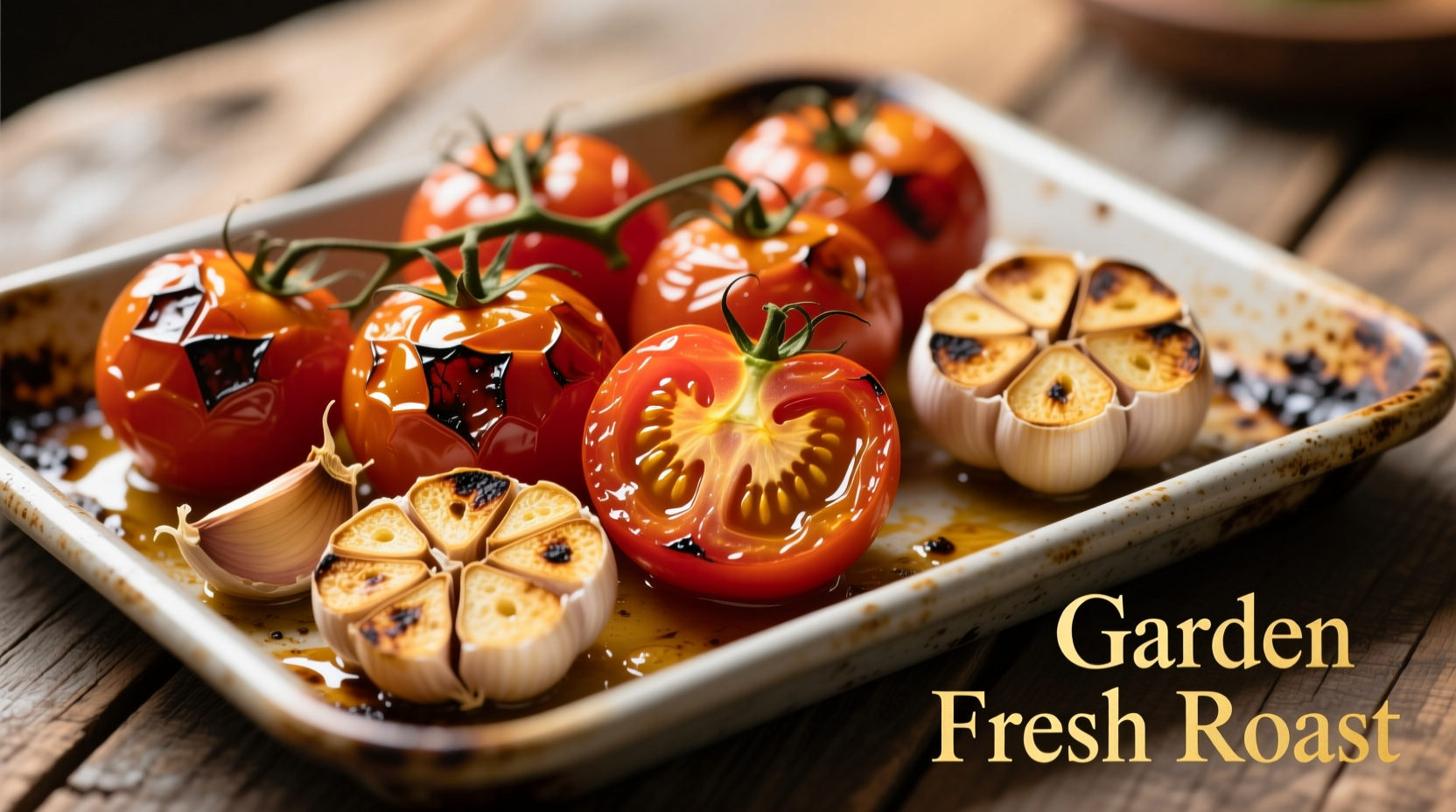Golden roasted tomatoes with garlic cloves on baking sheet
