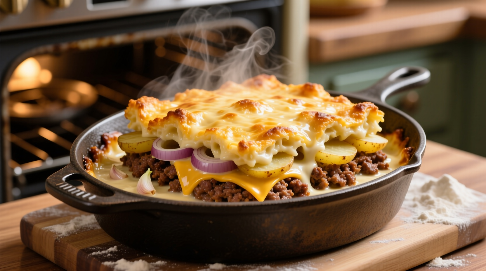 Golden hamburger potato casserole fresh from oven