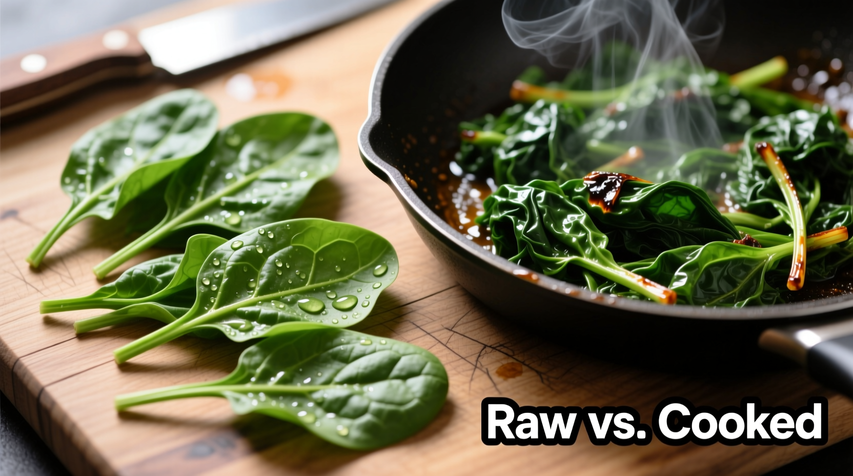 Raw spinach leaves next to cooked spinach in a pan