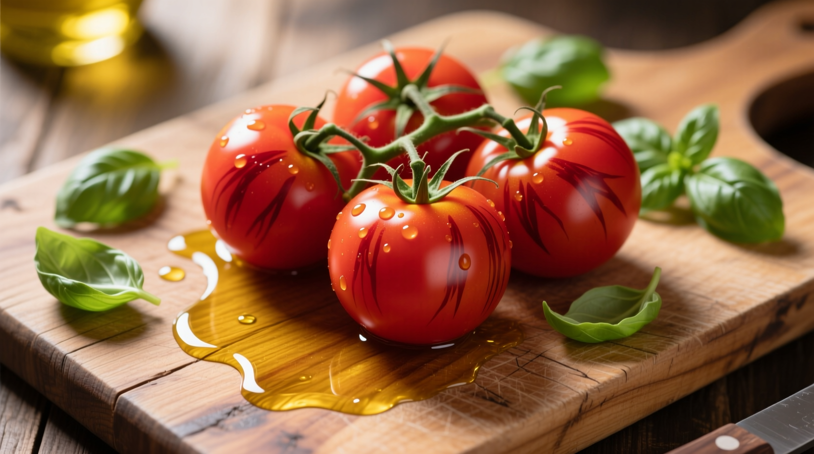 Ripe tomatoes with olive oil and basil on wooden cutting board