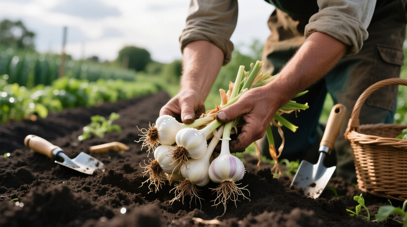 Gardener carefully harvesting mature garlic bulbs from garden soil