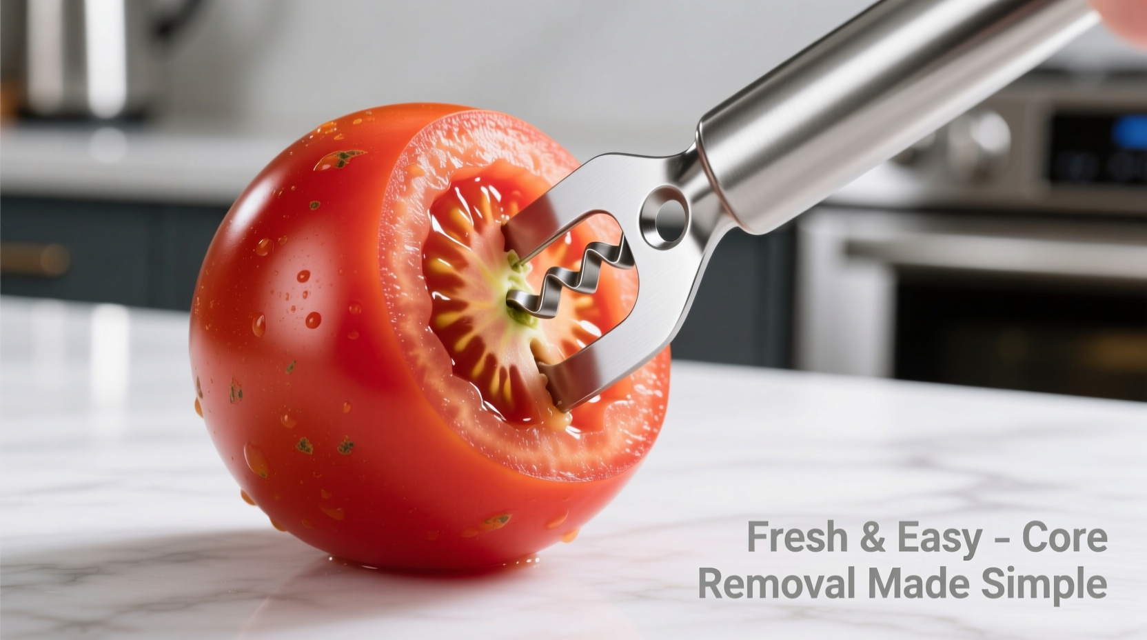 Stainless steel tomato corer removing core from ripe tomato