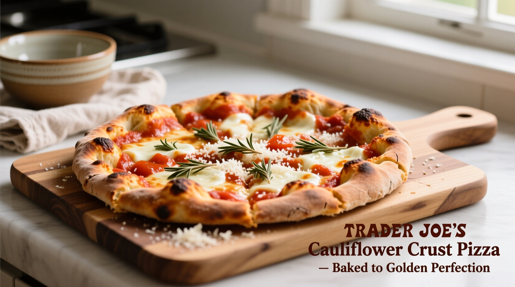 Trader Joe's cauliflower crust pizza baked to golden perfection