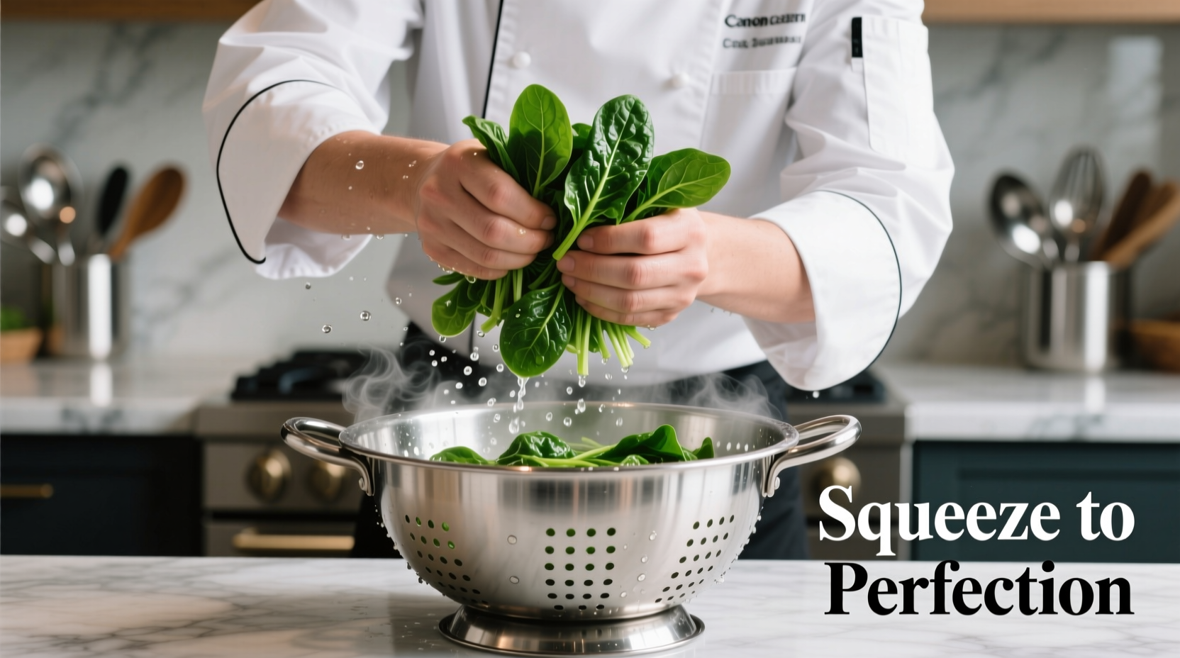 Chef squeezing water from cooked spinach