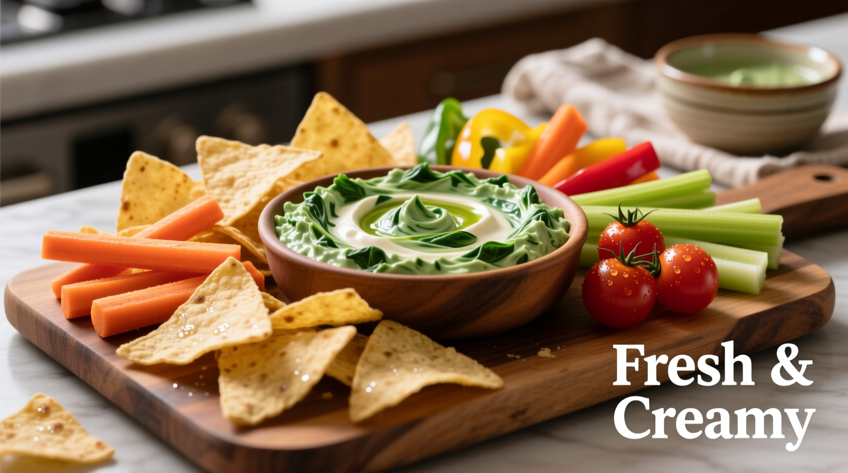 Creamy spinach dip served with tortilla chips and vegetables
