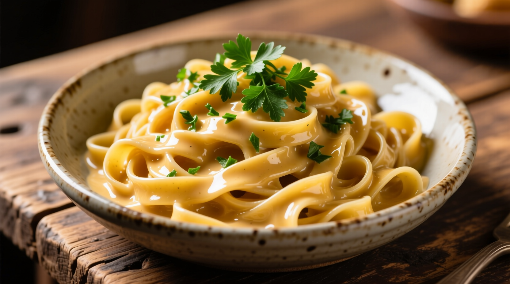 Golden garlic butter pasta with fresh parsley garnish