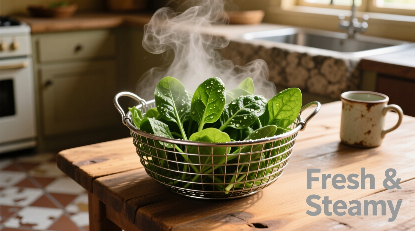 Fresh spinach steaming in metal basket