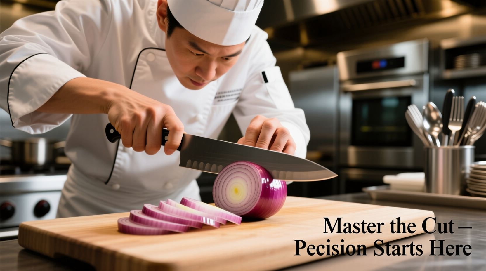 Professional chef demonstrating proper onion cutting technique