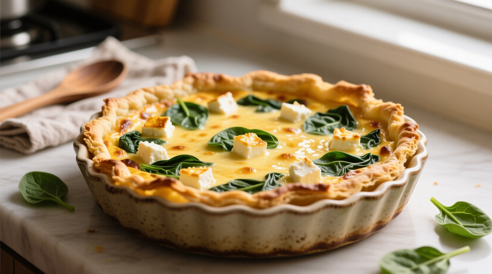 Golden feta spinach quiche with flaky crust