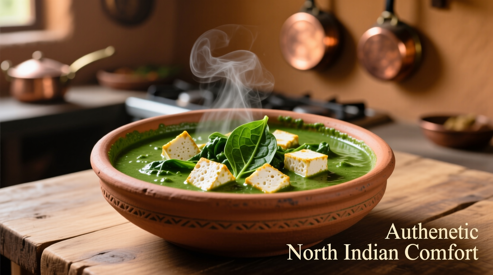 Creamy spinach paneer with soft paneer cubes in green curry