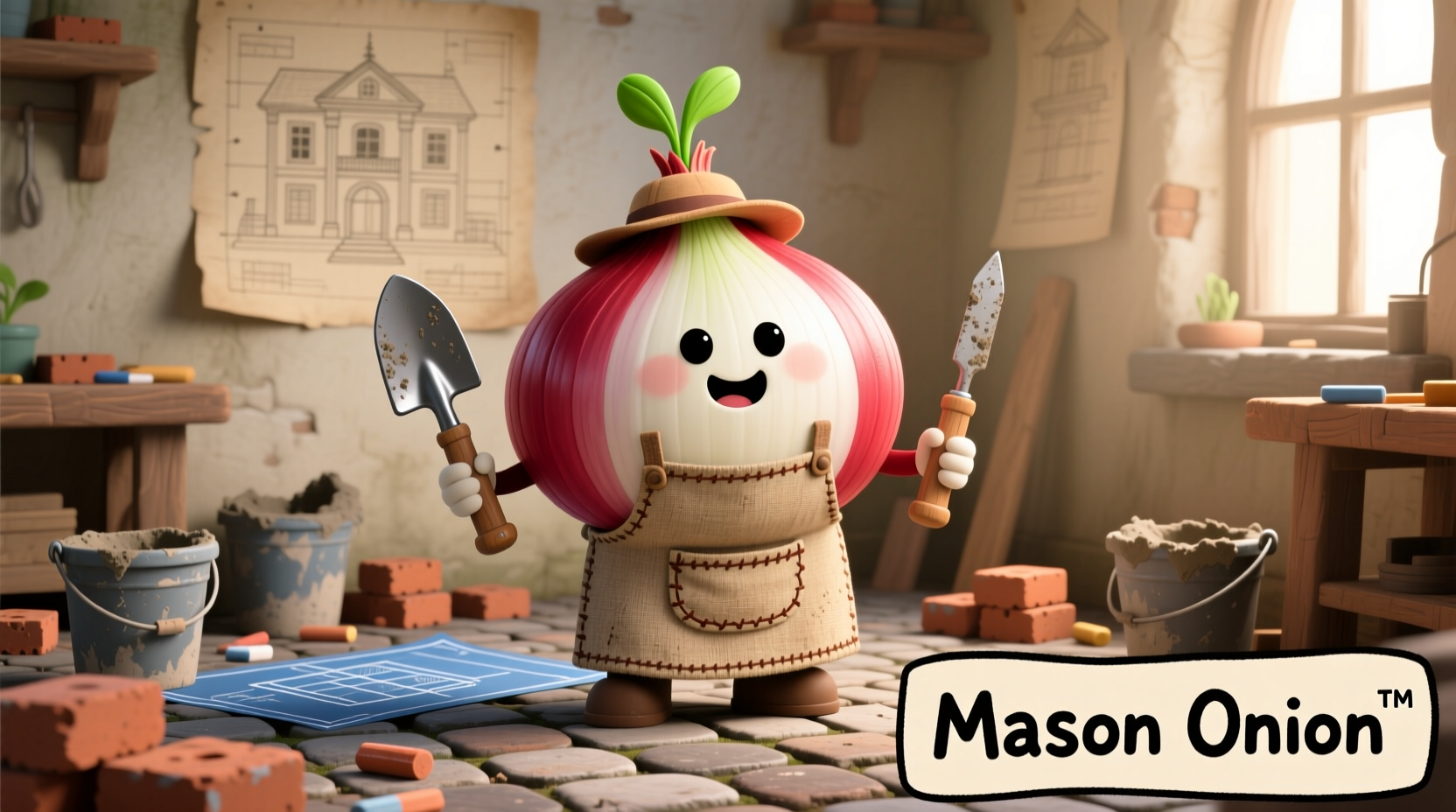 Cartoon onion character wearing mason apron and tools