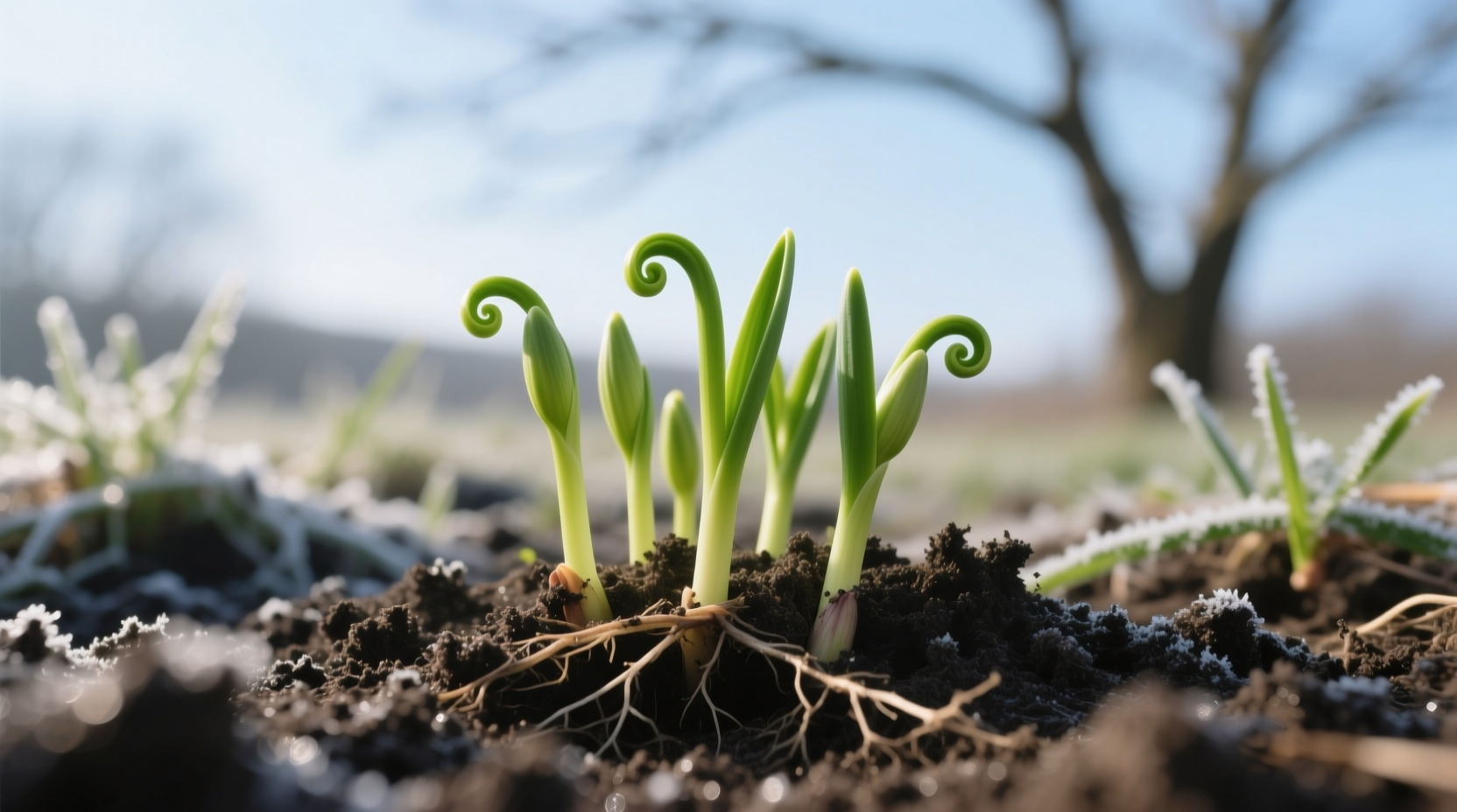 Garlic sprouts emerging from soil in early spring